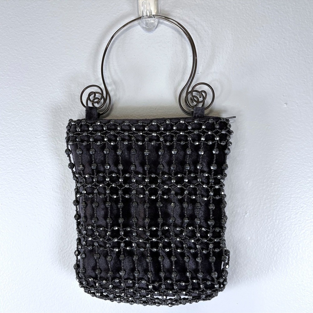 Vintage‎ Style Black Velvet Beaded Evening Bag Metal Scroll Handle Gunmetal Grey